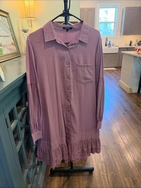 Button-Front Ruffle Hem Shirt Dress in Mauve